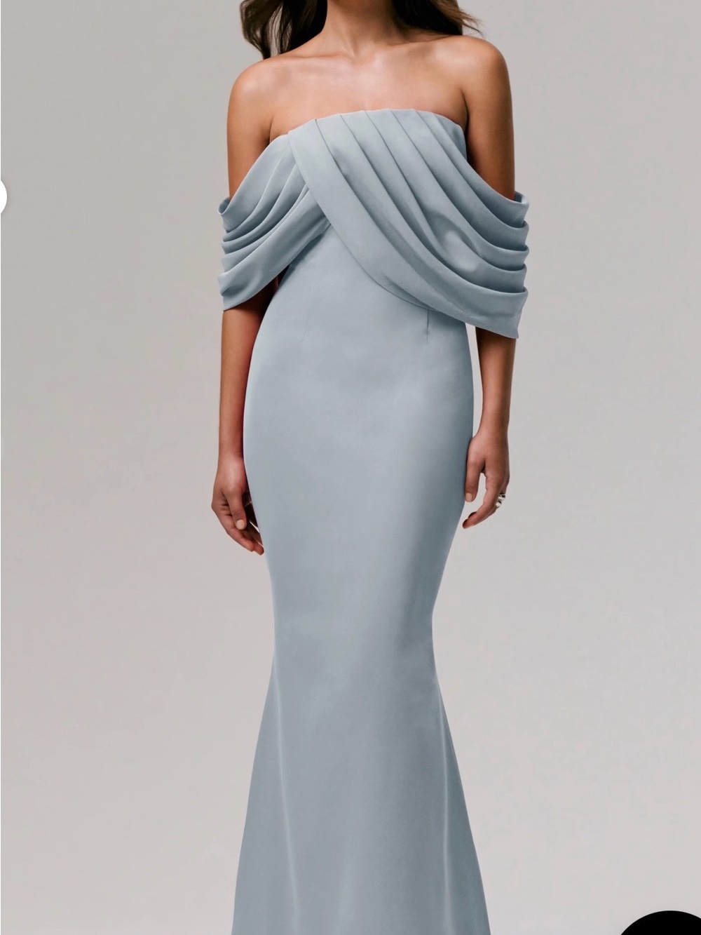 Gorgeous Club L London Light Blue Gray Ruffled Off-Shoulder Maxi Dress